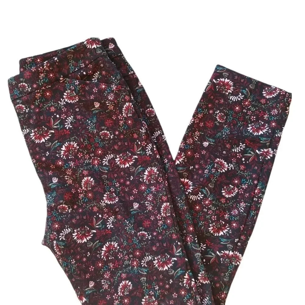 Reitmans Floral Straight Leg Trousers Black Burgundy Stretch 4